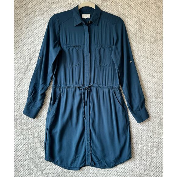 LOFT Lou & Grey Dress XS Blue Shirt Button Front Pockets Tie Waist Roll Sleeves - Picture 1 of 15
